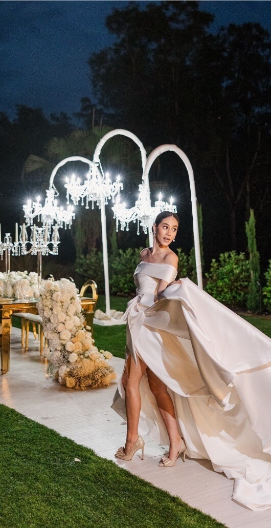 Model wearing a milk gown