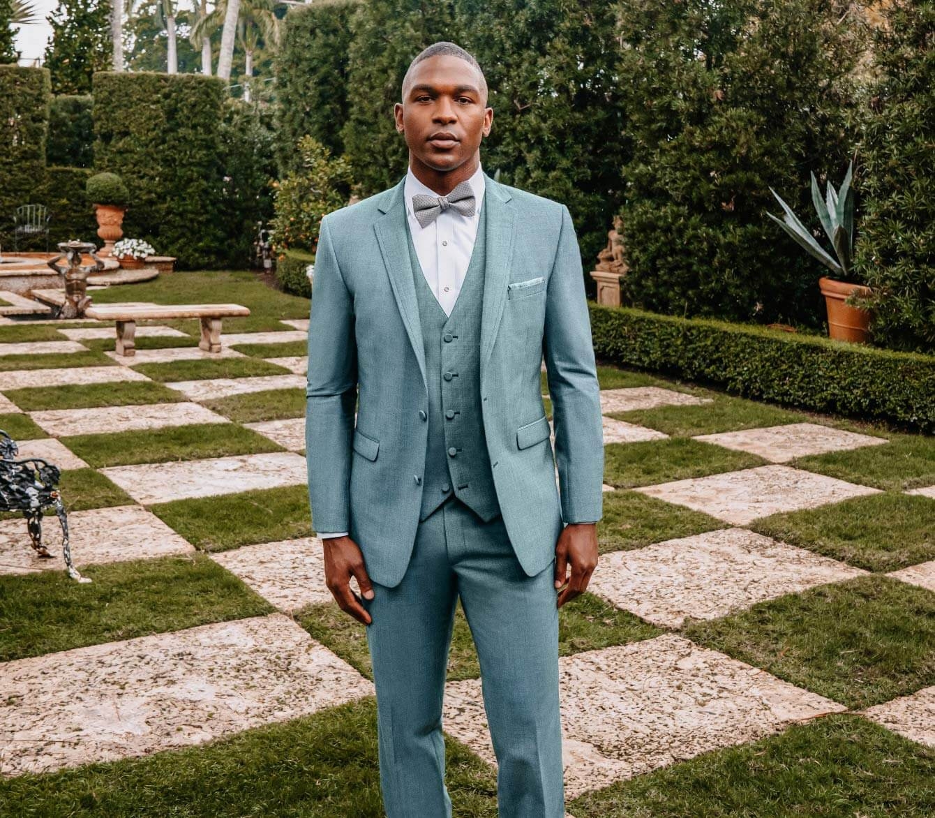 Model wearing a gray suit